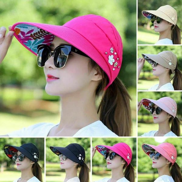 Weitkrempeln Hüte Damen Damen Sonnen Visor Cap Summer Fold Hut Anti-UV-Strandkappen für