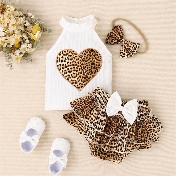 Conjuntos de roupas 0-24 meses Meninas de meninas de leopardo brancas com tampas com nervuras sem mangas brancas PP