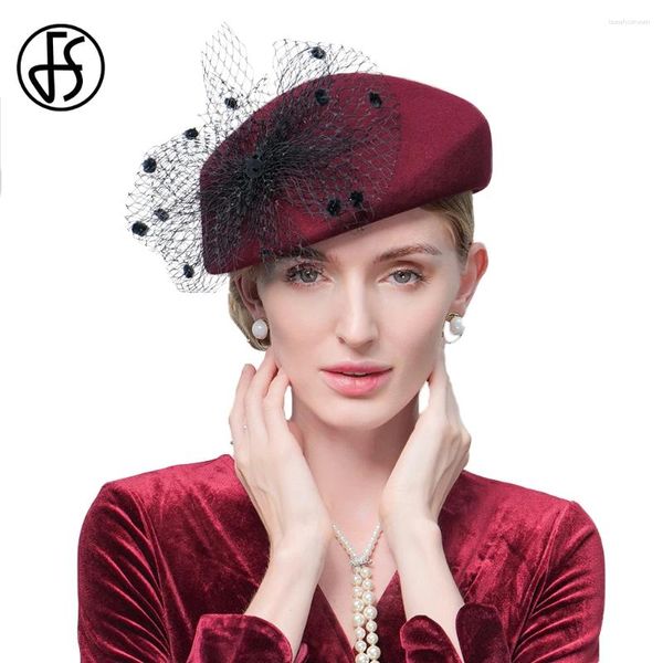 Boinas fs fascinador vinho vermelho boina de top with véu luxuros feminino chapéu de casamento cocktail festa preto fedoras senhoras 2024