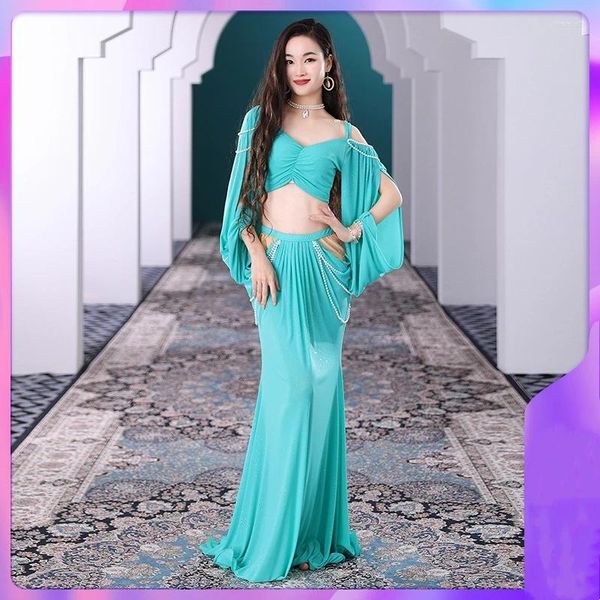 Bühnenbekleidung Belly Dance Kleid für Frauen Mesh Perlen Ärmel Top Long Rock 2pcs Anzug orientalische Kostüme Set Übung Outfits