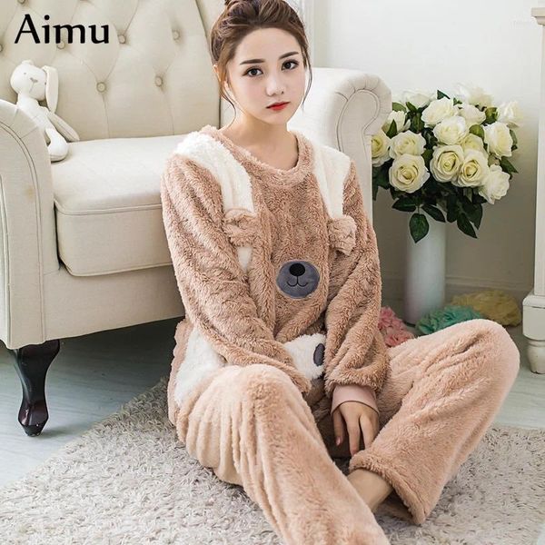 Roupas em casa Mulheres pijamas inverno confortável flanela quente pijama conjunto de animais adulto impressão de animal Pijima Manga longa Mãe sono