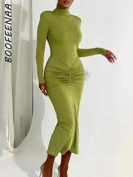 Vestidos casuais boofeenaa pescoço alto mangas cheias longas para mulheres elegantes moda corporcil vestido bodycon verde roxo inverno 2024 c92-cf32