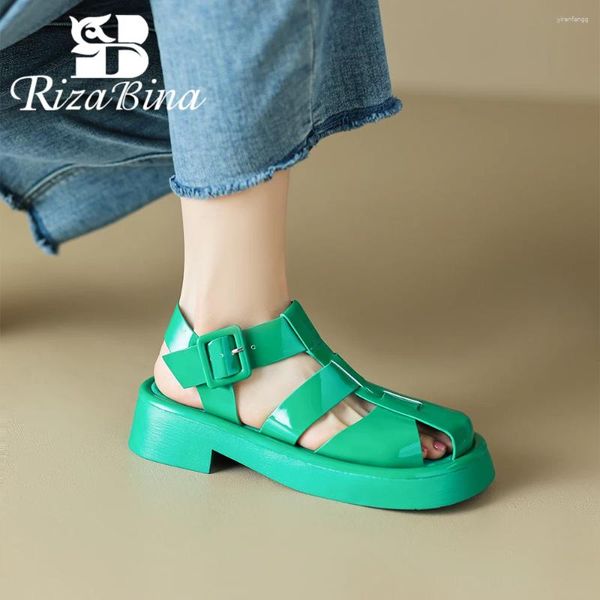 Sandálias Rizabina Real Leather feminina Gladiador Round Round Toe T-Shera Summer Shoes Shoes Slingback Lady Romen Tecer lazer