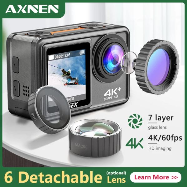 Камеры Axnen Ausek Action Camera 4K 60FPS EIS Video с дополнительным объективом фильтра 24MP Photo 1080p Webcam Vlog Wifi Sports Cam с удаленным