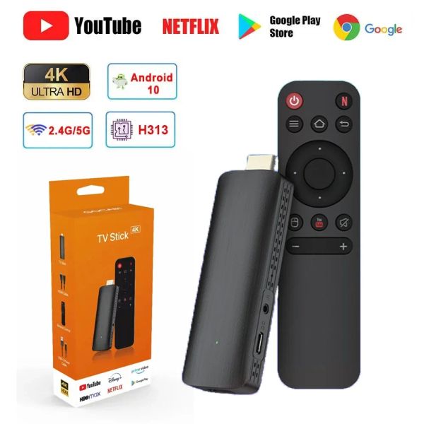 Control H313 TV Stick HDR Configuração Top SO 4K 1080p WiFi 6 2.4/5.8g Android 10 Smart TV Sticks para Google YouTube Netflix Network Media Player