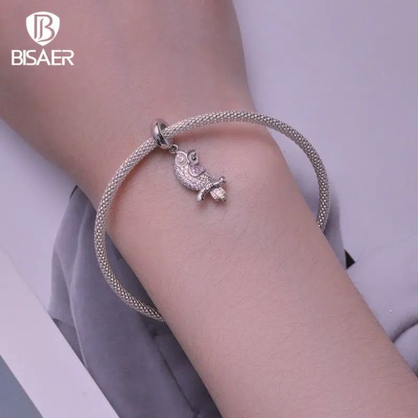 Bisaer 925 Sterling Silber Owl Charme Perle Flamingo Anhänger platin für exquisite Frauen Armband Halskette DIY -Schmuck Schmuck