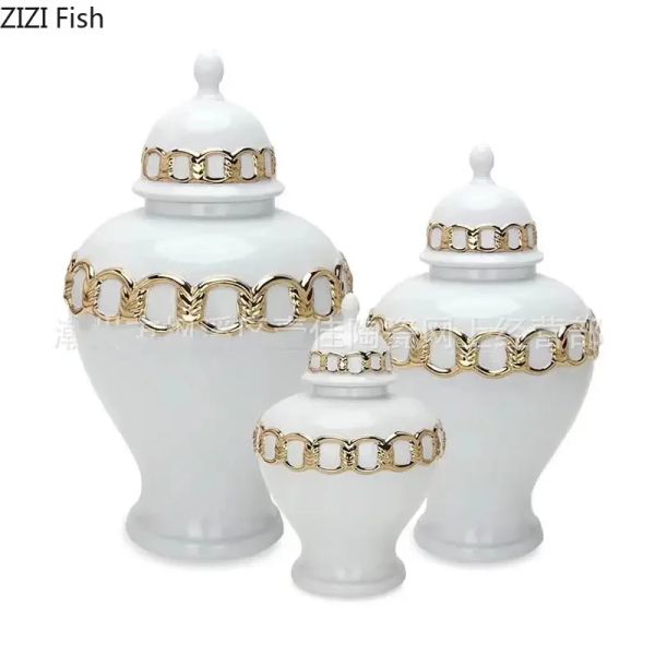 Golden Chain Relester Cerâmica Jarra de armazenamento Vaso floral branco Geral de tanque Gerdo de gengibre Jóias Jóias Jóias de Jóias Recipientes Cosméticos