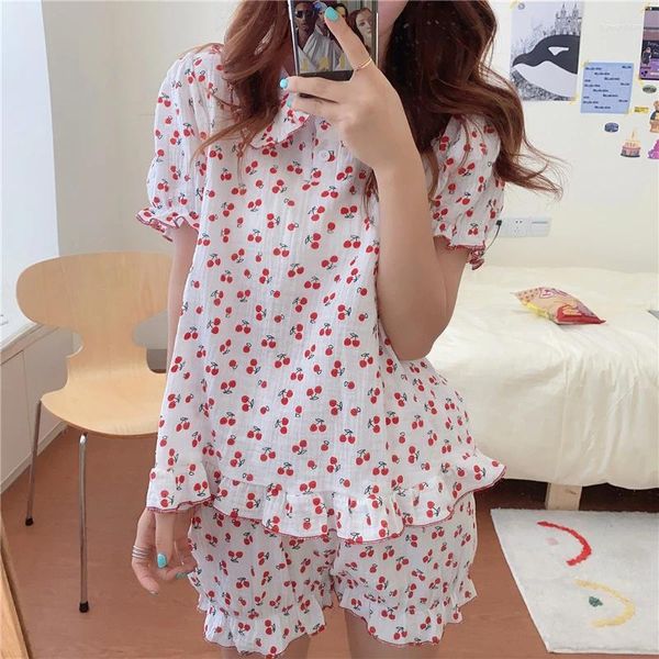 Home Clothing Alien Kitty Sommer Baumwollpyjamas Cherry Printes zweiteilige Anzüge 2024 Stylische Nachtwäsche Frauen Femme Chic Lose Sets