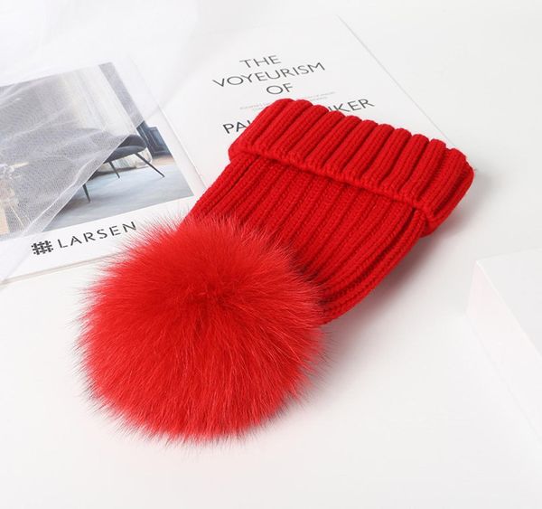 Echter Fur Herbst Pompom Hut für Kinder Strickte Mütze Warm Hut für Kinder Winterfell Pom Hats Girls Jungen Cap1260098