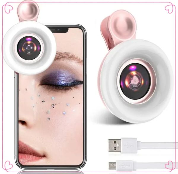 Mobile Objektiv 15x Makro -Objektiv Mobiltelefon 2 in 1 HD -Kameraobjektiv mit LED Ring Flash Light Smartphone Selfie Live Lamp Fülllicht