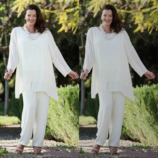 2024 White Chiffon Mother of the Bride Abita di pantalone con maniche lunghe su misura su misura per la madre degli abiti da sposa