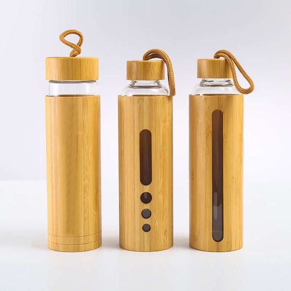Bottiglia d'acqua in vetro di design cool personalizzato con copertura di protezione e coperchio in legno