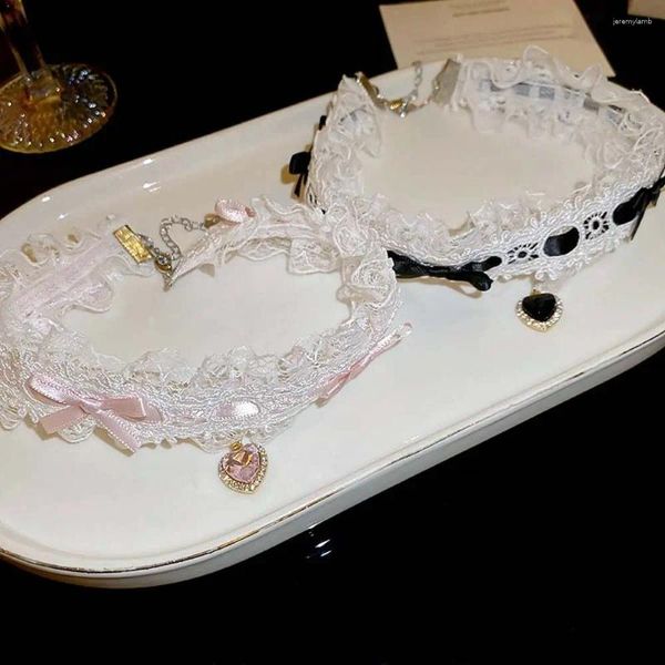 Choker -Stoffspitzen Halskette Bowkot Liebe Herz Anhänger Kette Perlen weibliche Modezubehör Lolita Cosplay