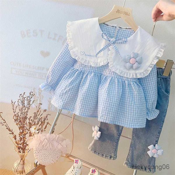 Giyim setleri bebek kız giyim setleri 2022 Sonbahar Kıyafetleri Toddler Bebek Dantel Çiçek Üstleri Kotlar 2 PCS Takım Çocuk Prenses Giysileri