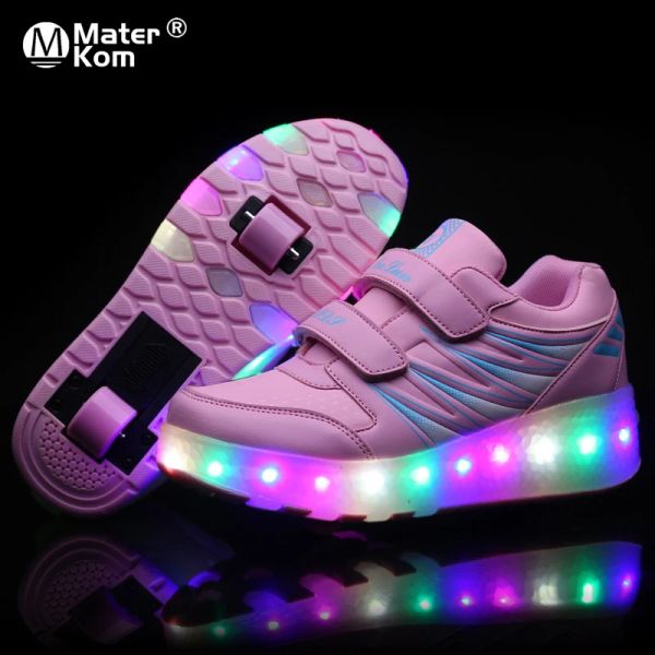 Кроссовки размер 2743 Светодиодные легкие роликовые туфли для детей светящиеся освещенные кроссовки с двойными колесами мальчики девочки светящиеся коньки взрослые туфли