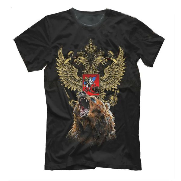 Russlandbär Russisches Symbol Doppelköpfiger Adler -Wappen T -Shirt Sommer Baumwolle Kurzarm Oneck Herren T -Shirt S3XL 240409