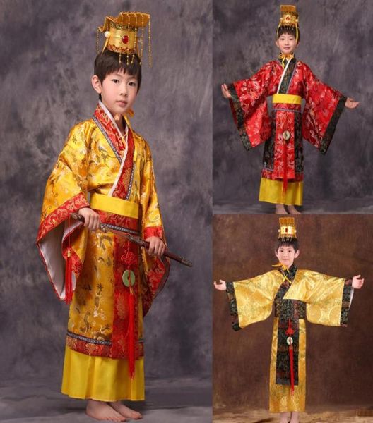 Criança Chinesa Tradicional Hanfu Dress Men Boys Imperador King Stage Roupas Vermelho Casa Casa Tang Suit Kids Robehat Conjuntos1883565