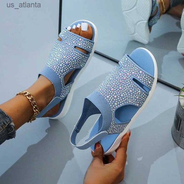 Sandálias novas mulheres de verão Moda Moda Estreação Taxa de vôo Rhinestone Casual Woman Flats Ladies Beach Sapato Big Size 36-43 H240409