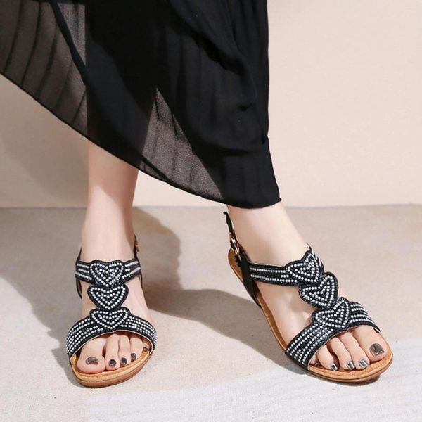 Sandálias de verão feminina moda boêmia amor água diamante grosso salto de sola sapatos versáteis casuais 2024 tendência
