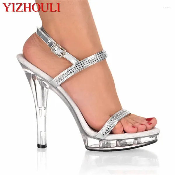 Sandali bel vestito alto tacchi alti 13 cm sexy piattaforma di cristallo pole danza scarpe da sposa in argento