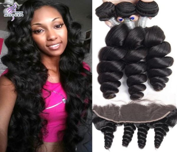 Loose Wave 3 Human Hair Bündel Frontaler Verschluss Indianer Jungfrau Haarspitzenfront Schließung mit Bündel5571882