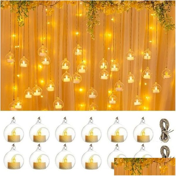 Mum Tutucular 6 12 PCS Mini Asma Cam Tealight Globe Tutucu, Düğün Partisi Ağacı Dekorasyonu için LED ile 230701 Damla Teslimat DH8WJ