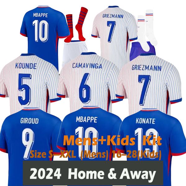 2024 Euro Kupa Fransız Ev Forması Mbappe Futbol Formaları Dembele Giroud Saliba Kante Maillot De Foot Equipe Maillots Guendouzi Mens and Kids Kit Fan Futbol Sock