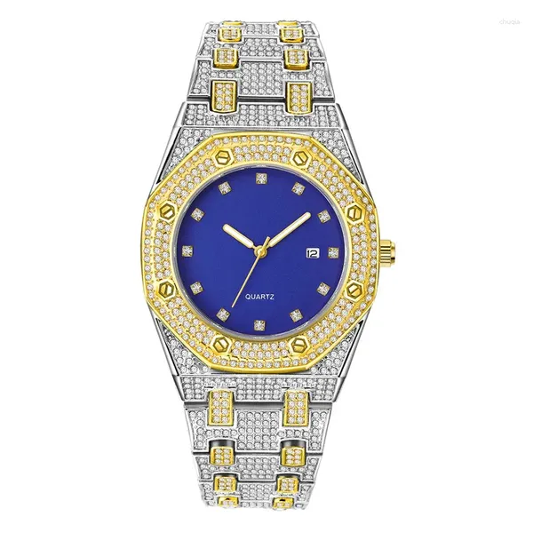 Avanadores de pulso Men Brand Legal Brand Golden Watches Fashion Alloy Band Hip Hop Diamond Calendário Quartz vintage Relloj Hombre Acero Inoxidável