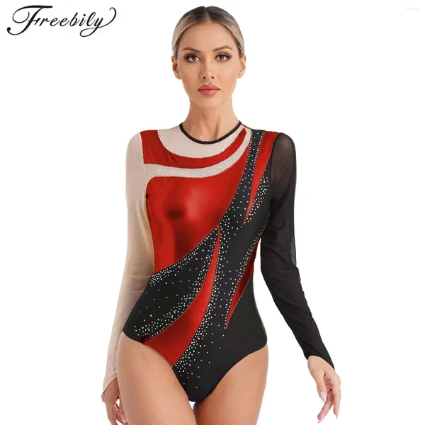 Abbigliamento da donna luccicante balletto balletto body borsetto metallico a contrasto giunta a manica lunga ginnastica corpi di pattinaggio costumi di pattinaggio