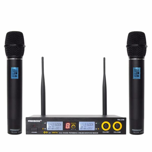 Mikrofonlar FBU09 Çift Yol Dijital UHF Kablosuz Mikrofon 2 Metal Handheld Dinamik Kapsül Kablosuz Karaoke Mikrofon Sistemi