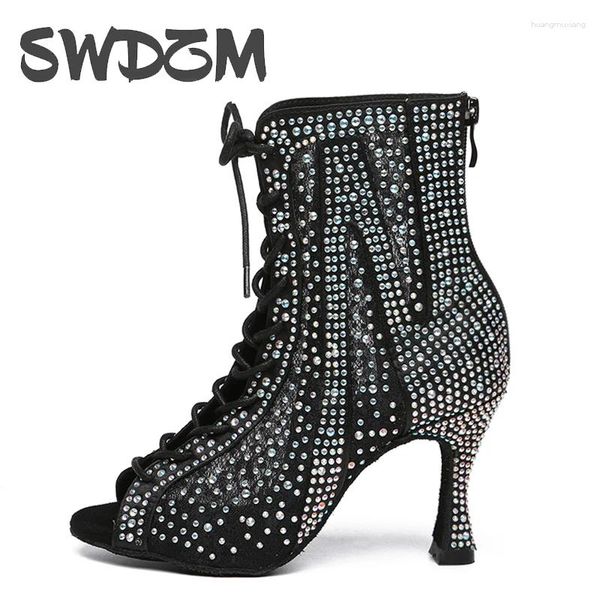 Sapatos de dança Swdzm Latin for Women Black Rhinestone Ballroots Botas Party Party Heel High Top Top Sandal