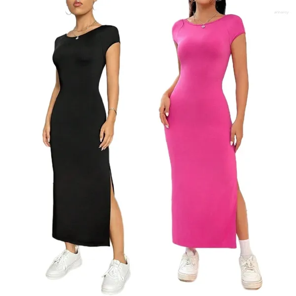 Vestidos casuais Mulheres de verão de manga curta do pescoço de corpo midi vestido midi sexy lateral lateral split pacote de cores sólido