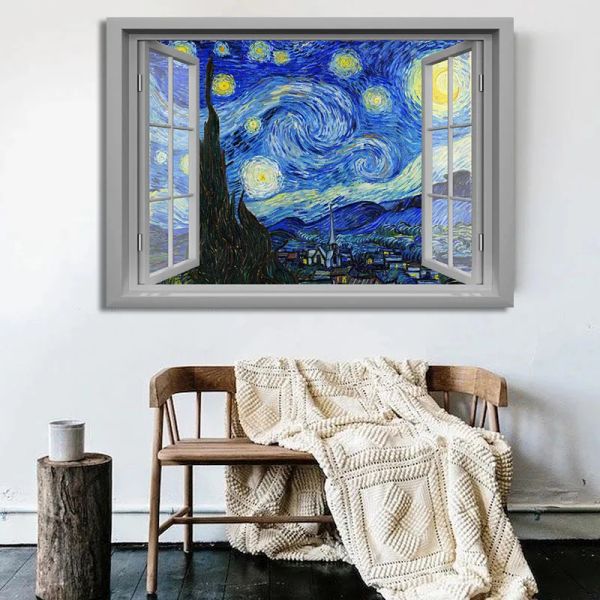 3D Windows van Gogh Starry Night Canvas Pinturas Parede Impressionista Starry Night Canvas Pictures Para Living Room Cuadros