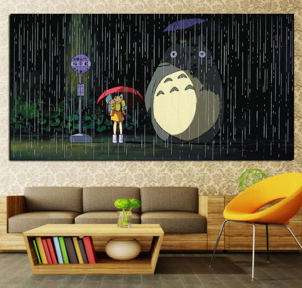 Canvas pintando hayao miyazaki totoro dia chuvoso impressão de animação de desenho animado japonês poster de arte moderna de parede para a sala de estar 7113037