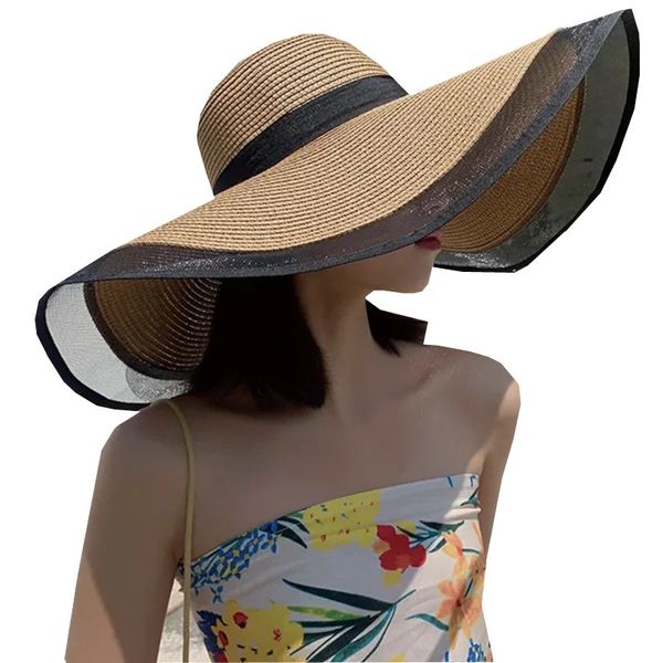 Big Eaves Women Women Beach Straw Hat Summer Mesh Mesh Spliced Protection UV Shield Sun Outdoor Hat240409