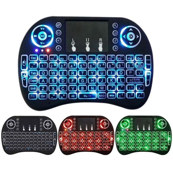 Mini i8 teclado retroiluminado 24G Mouse de ar sem fio com luz de fundo Touchpad 3 Cores Controladores remotos para MXQ Pro x96 TV Box4203644