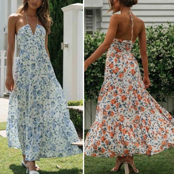 Vestidos casuais Vestido longo Vestido Floral Halter maxi para mulheres de férias praia de praia com design fora do ombro plissado de retalhos