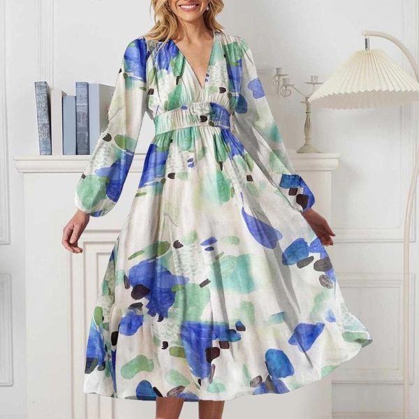 Повседневные платья дамы Бохо весна и осень глубоко V -рисунок для женщин с твердым цветом Midi Summer