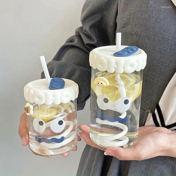 Bicchieri da vino tazza di vetro kawaii con coperchio e paglia carina bottiglia di caffè per bevande succo di succo di succo di tè latte bpa bpa gratis per bambini regalo