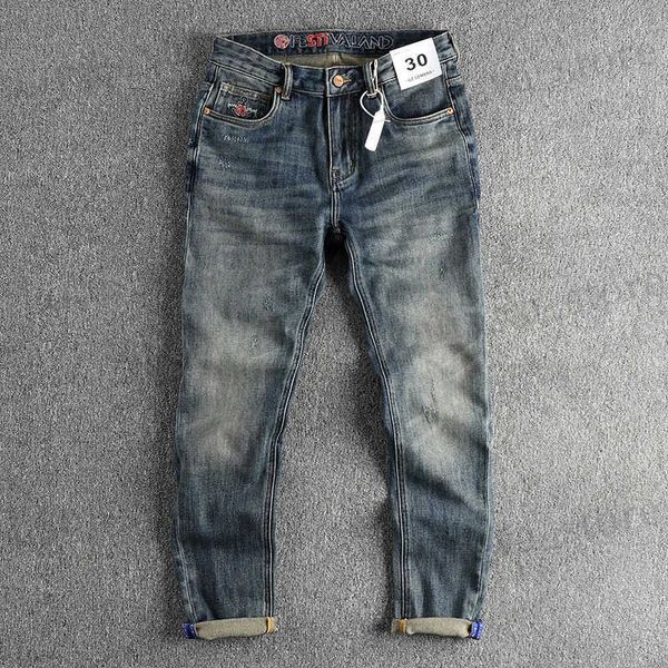 Jeans maschile nostalgic wash gatto barba artigianato retrò jeans maschile gambe dritte sottili gambe americane gambo giovani pantaloni t240409