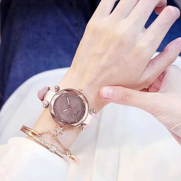 Orologi da polso donne romantiche stellate sky es set bracciale set in pelle designer di rinestone da donna orologio semplice vestito gfit montre femme reloj240409