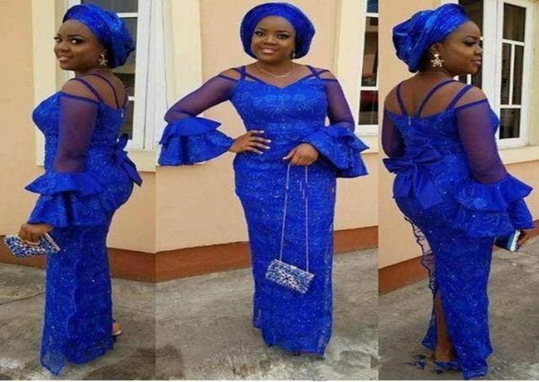 Sexy formelle Abendkleid königliche Blaue Abschlussballkleider Nigeria gegen Nacken Langarm Nahe Osten Frauen Partykleider Spitzenspitze Spitze 4538680