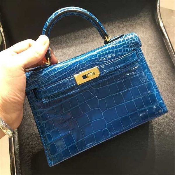 Handtasche Crocodile Leder 7A Quality Original Handsmarke Totes Mini Size Wachs Line Stitching Blue Color Fastqdlp