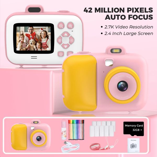 Fälle Instant Photo Camera Kinder Kamera Bilder für Kinder mit thermischem Druckpapierspielzeug für Mädchen Geschenk 2,7K Fotografiekameras