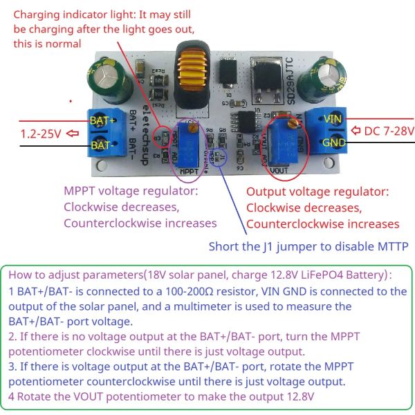 Módulo de carregamento MPPT de desvio DC-DC para 1,5-25V Li-Ion/Li-PO/LIFEPO4/Lithium titanato Batterias SD29AJTC