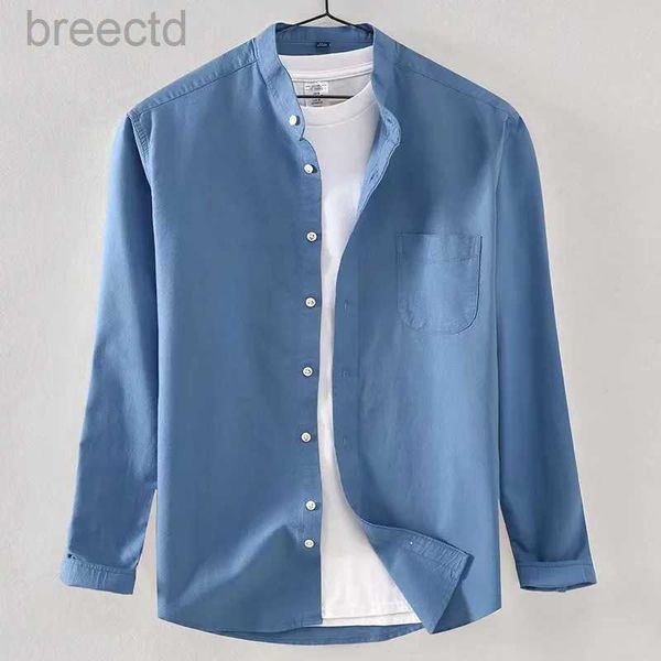 Erkek Günlük Gömlekler 2023 İlkbahar ve Sonbahar Yeni Pure Pamuk Stand Yaka Oxford Uzun Kollu Gömlek Japon Kırışıklıklı Demir Moda Erkek Giyim 240409