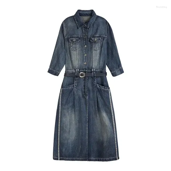 Lässige Kleider Fashion Vintage Blue Denim Kleid Frauen Frühlings- und Herbst Freizeit elegante Tasche Frauen Vestidos de Noche Jugendliche 2024