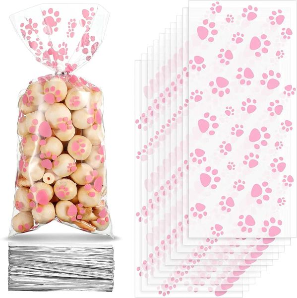 Розовая собака Paw Print Cellophane Bags Пластиковые угощение для лапы для животных любимых лап.