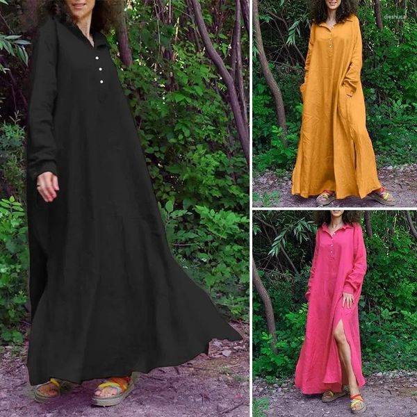 Lässige Kleider Ladies Feste Farbe langschlärmender Knopf Lösches Hemdkleid Urbaner reduzierender Frühling