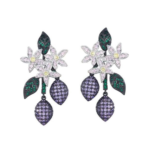 Cwwzirconi Bellissima design penzolante goccia viola zirconia cubica zirconia fiore orecchini lunghi per le donne l'impegno matrimonio e0736